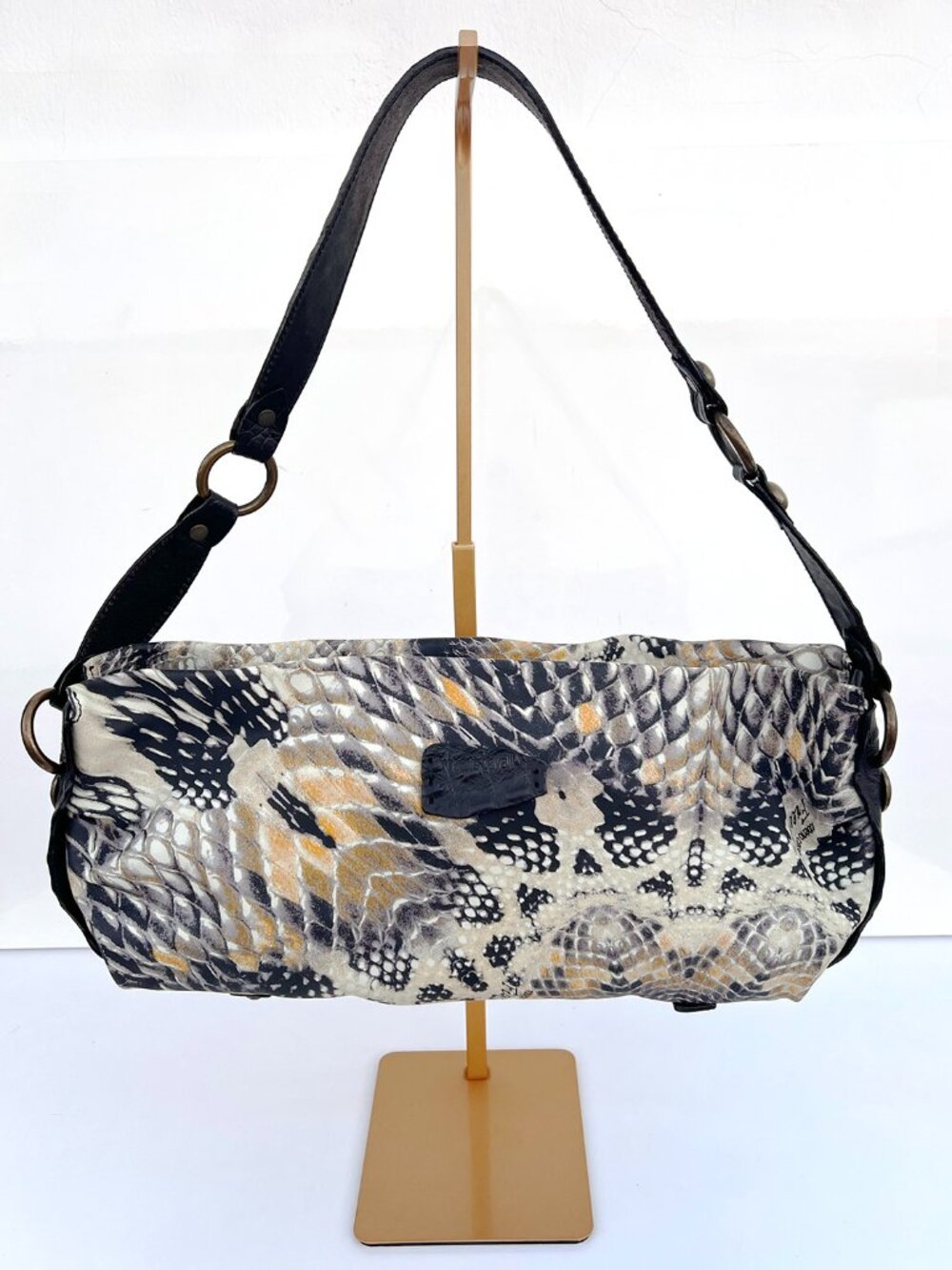 Roberto Cavalli Freedom Y2K Shoulder Bag Python Snake Print Leather Trim